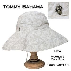 Tommy Bahama Bucket Hat One Size Beige Tropical Floral Pineapple Logo Cotton NEW